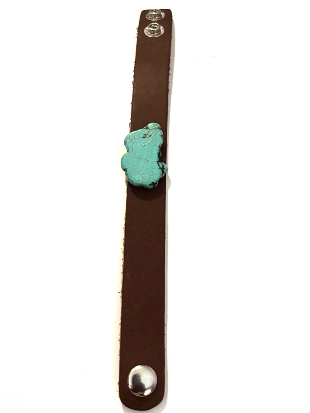 Handmade unisex Brown Leather Cuff with Turquoise Stone - Picture 2 of 4